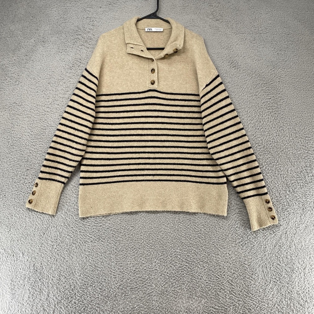 Zara Sweater Womens Medium Beige Collared Striped Button Knit Old Money Pullover - Picture 1 of 13